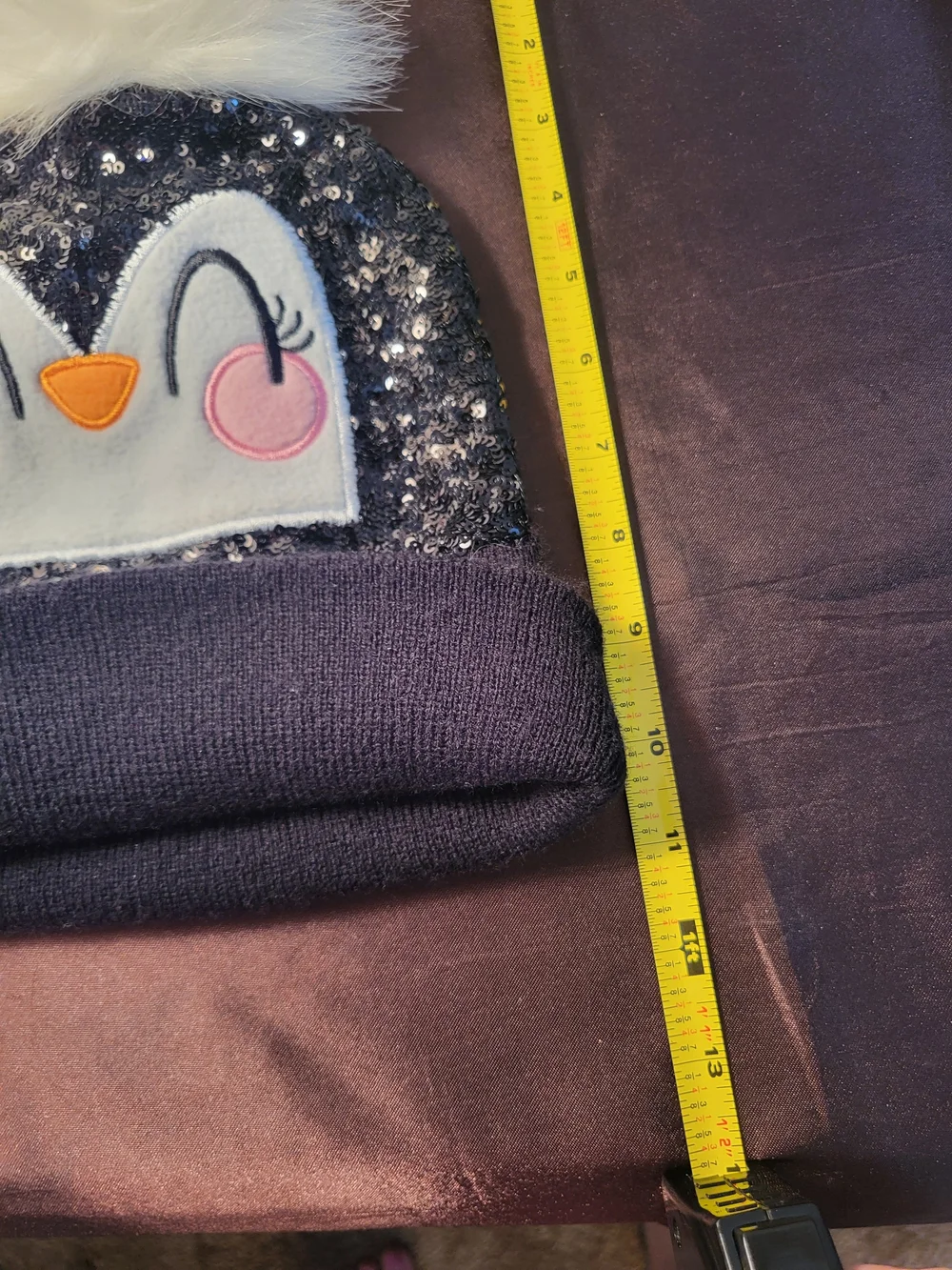 Kids Sequin Penguin Pom Beanie - Black